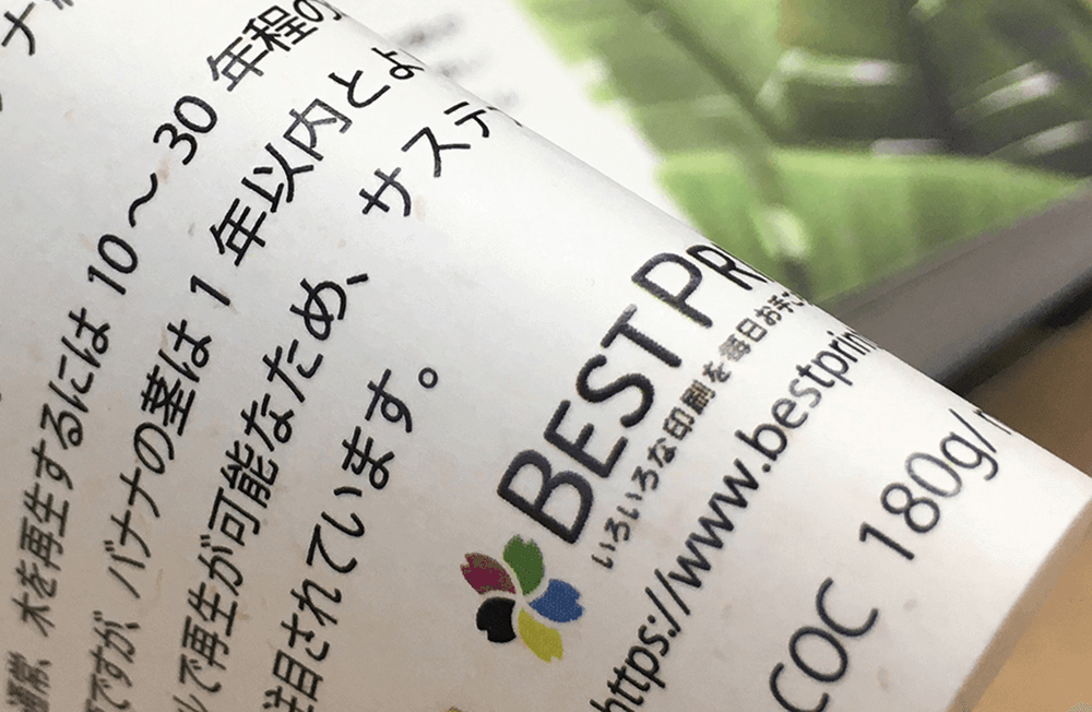 バナナペーパーの印刷サンプルの写真。表面は凹凸のない手触りです。

